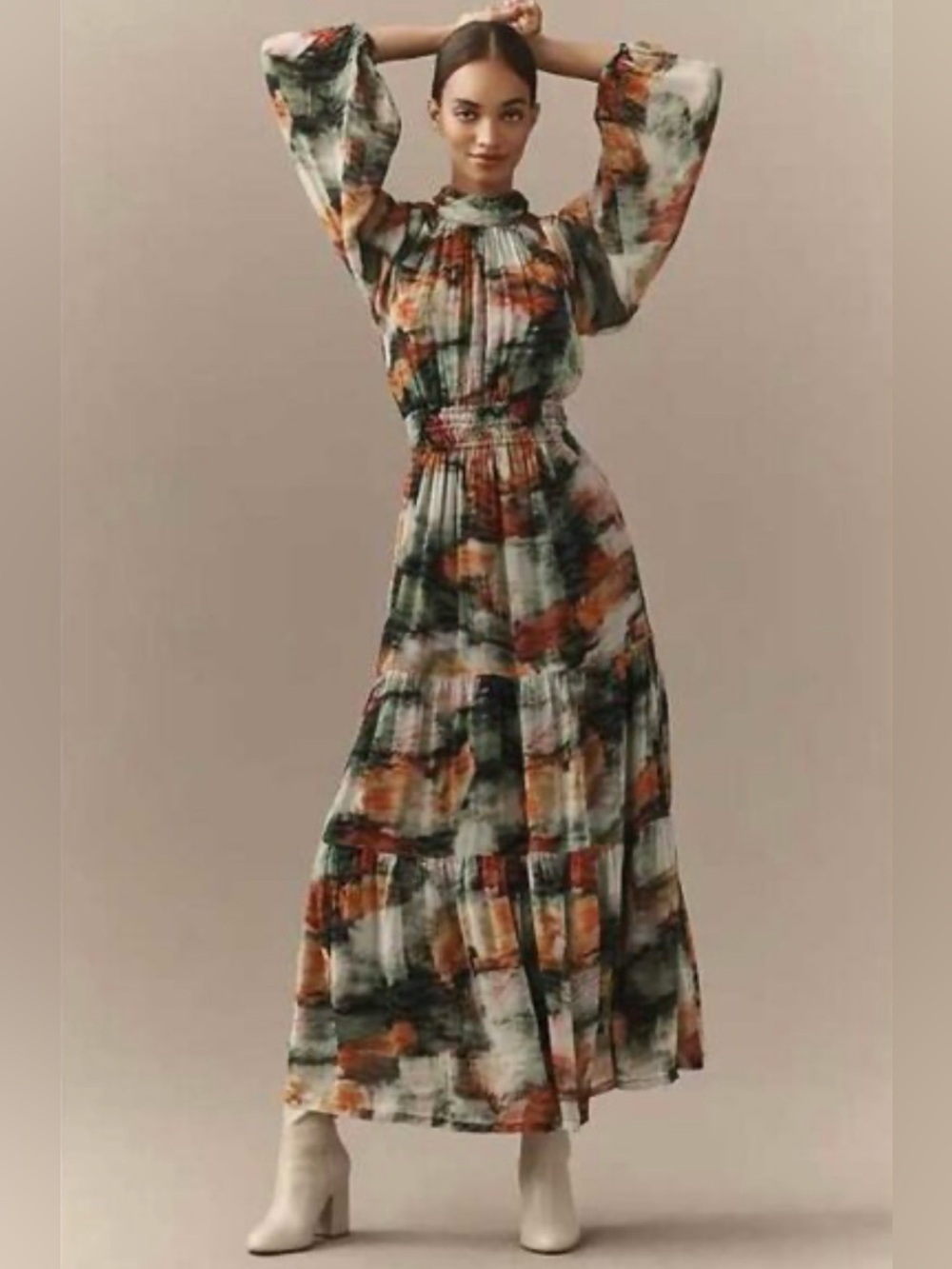 Anthropologie The Somerset Long-Sleeve Mock-Neck Chiffon Maxi Dress
